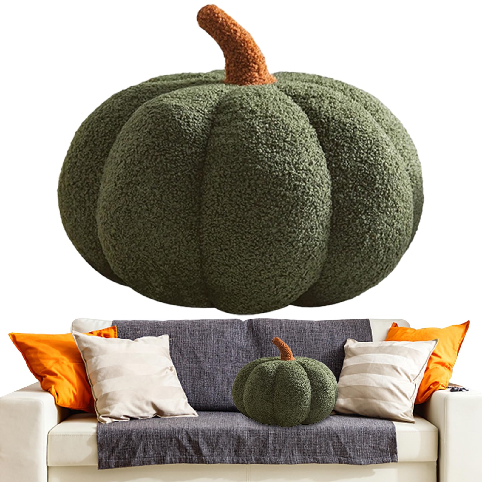 Striegro Pumpkin Cushion, Soft Fall Pillow, 13.8in, Dark Green..
