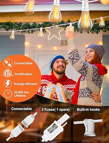 Miniatura 9 de DAMAING Tira de luces LED de 200 pies para exteriores con 100+5 bombillas LED Edison inastillables A39, resistente al agua, de grado comercial