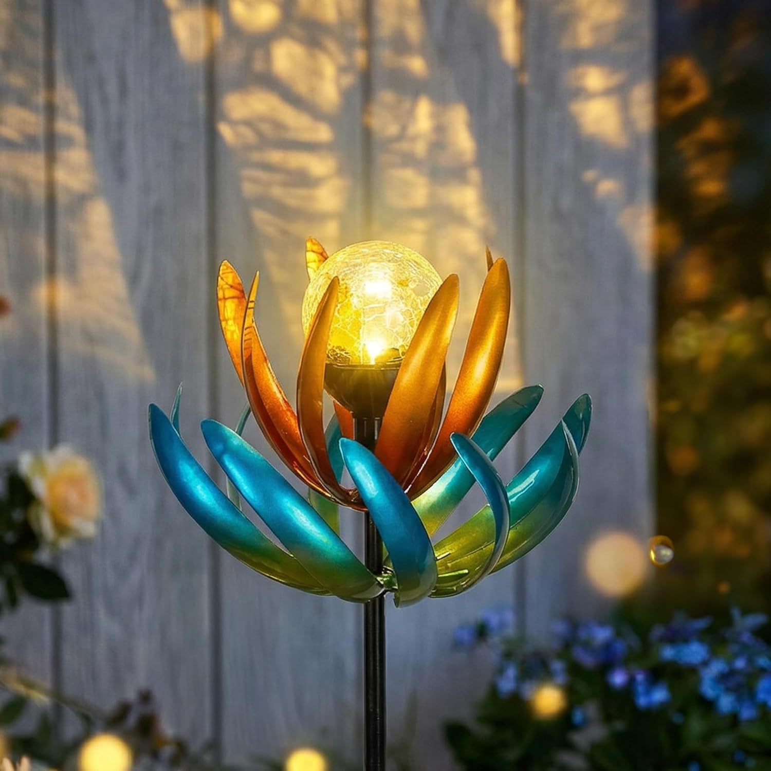 Wind Spinner Outdoor, Solar Wind Spinner with Warm Light, Outdoor Garden Decorative Windmill with LED Light, Waterproof Metal Garden Decor for Lawn Patio Pathway Yard