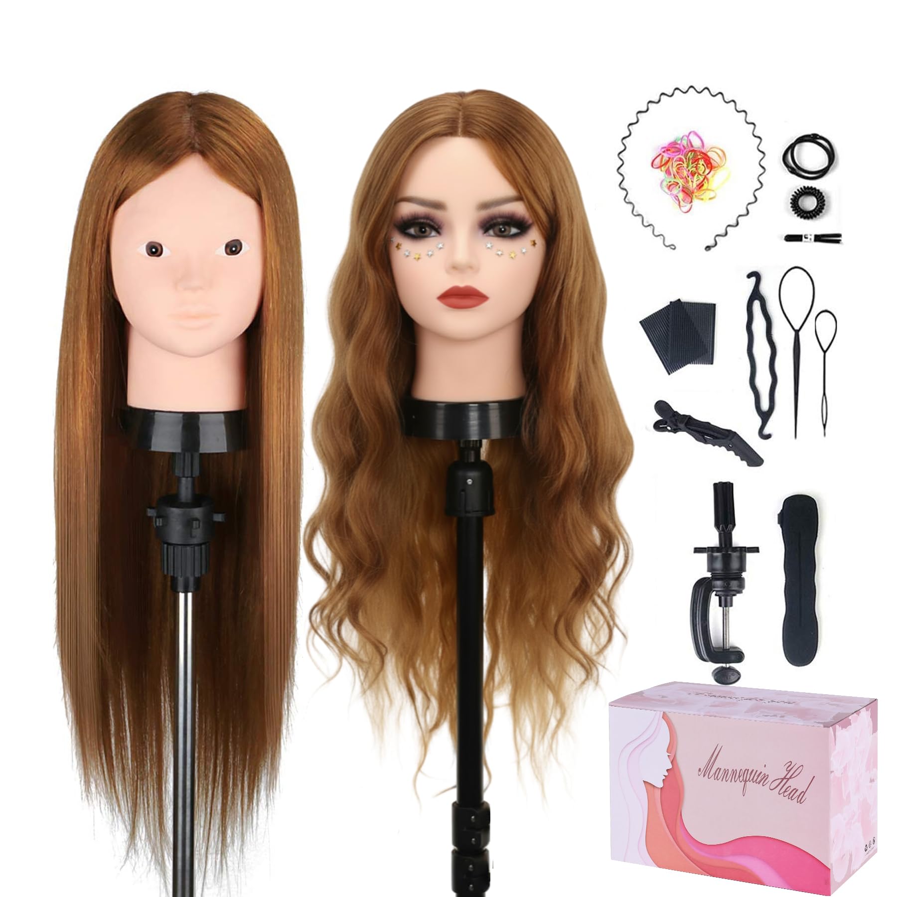Beauty Star 23.5 inch 80% Real Human Hair Training Head Cosmetology Make-up Hairdressing Mannequin Manikin Doll Head with Table Clamp Holder + DIY Hair Styling Braid Set, Light Brown