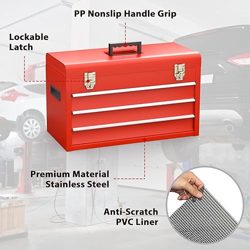 Miniatura 5 de Madertool - Caja de herramientas actualizada de 20 pulgadas, organizador de almacenamiento de acero con 3 cajones, asa superior profesional con