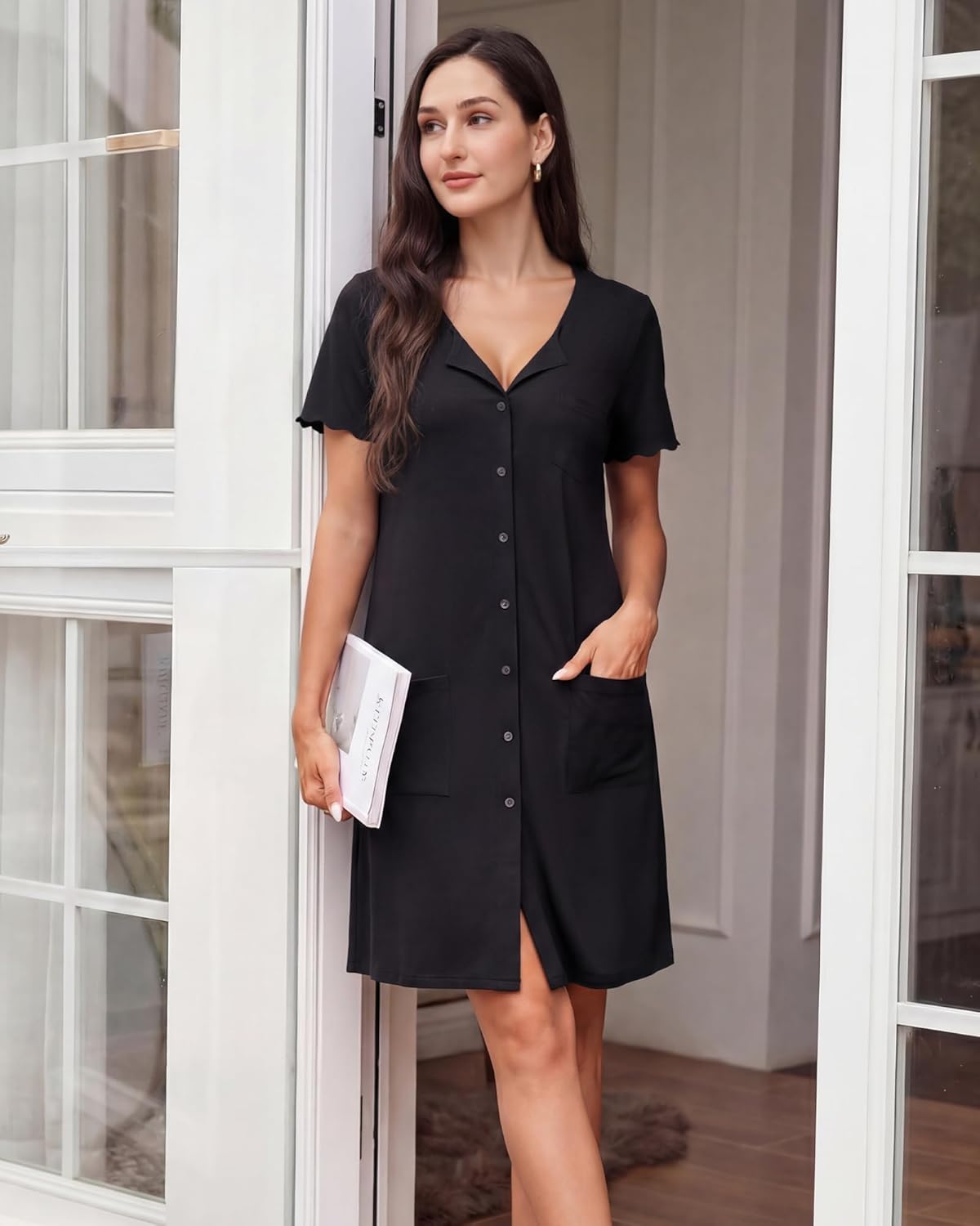 ZOOSIXX Nightgowns for Women - Short Sleeve Sleepwear Button Up Pajamas for Women V-Neck Sleepwear Dress with Pockets - Image 3