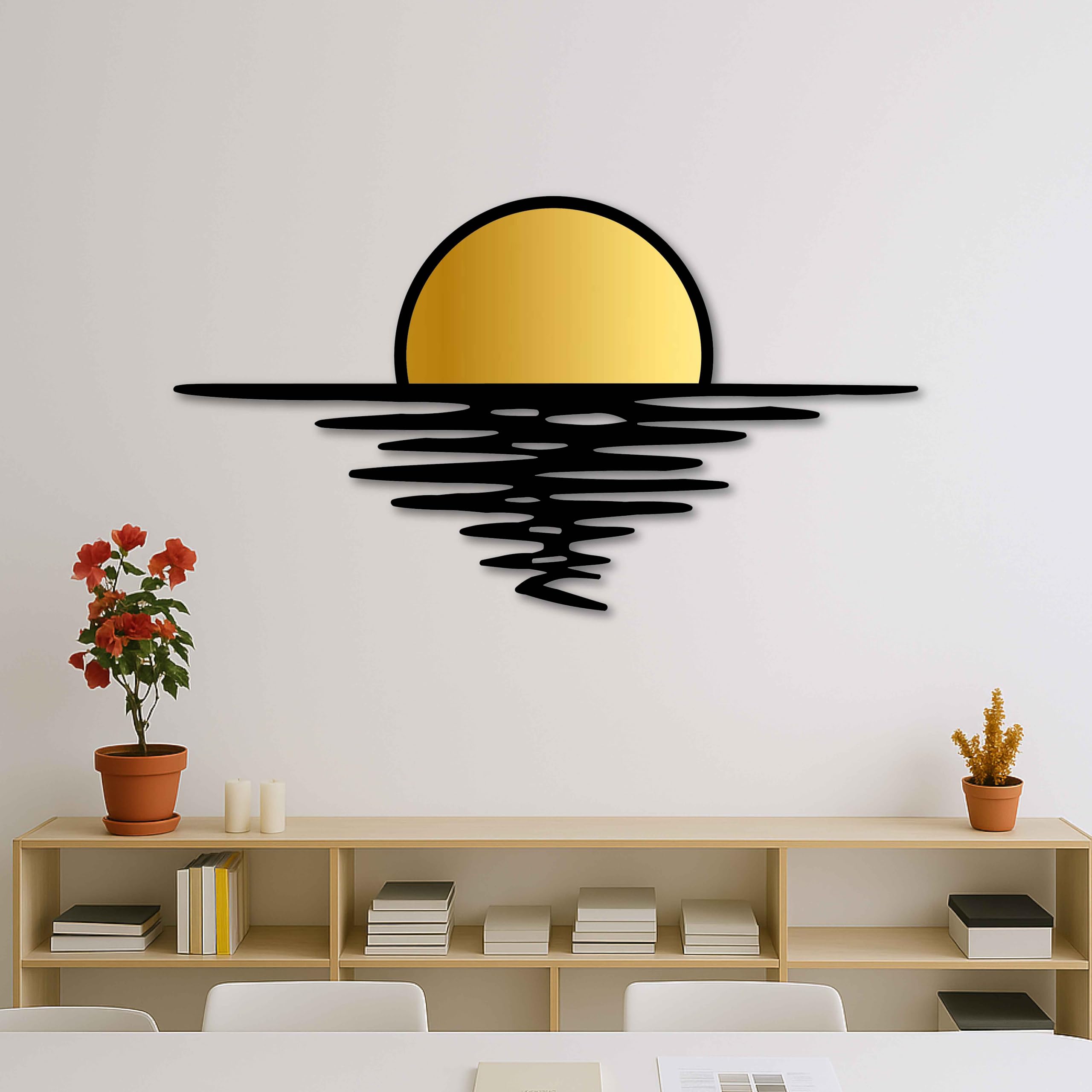 Wandkunst, Motiv: Sonnenuntergang, goldfarben und schwarz, Metall, abstrakter Sonnenaufgang, Heimdekoration, große Metall-Wanddekoration über dem Sofa oder über dem Bett, Hochzeitsgeschenk