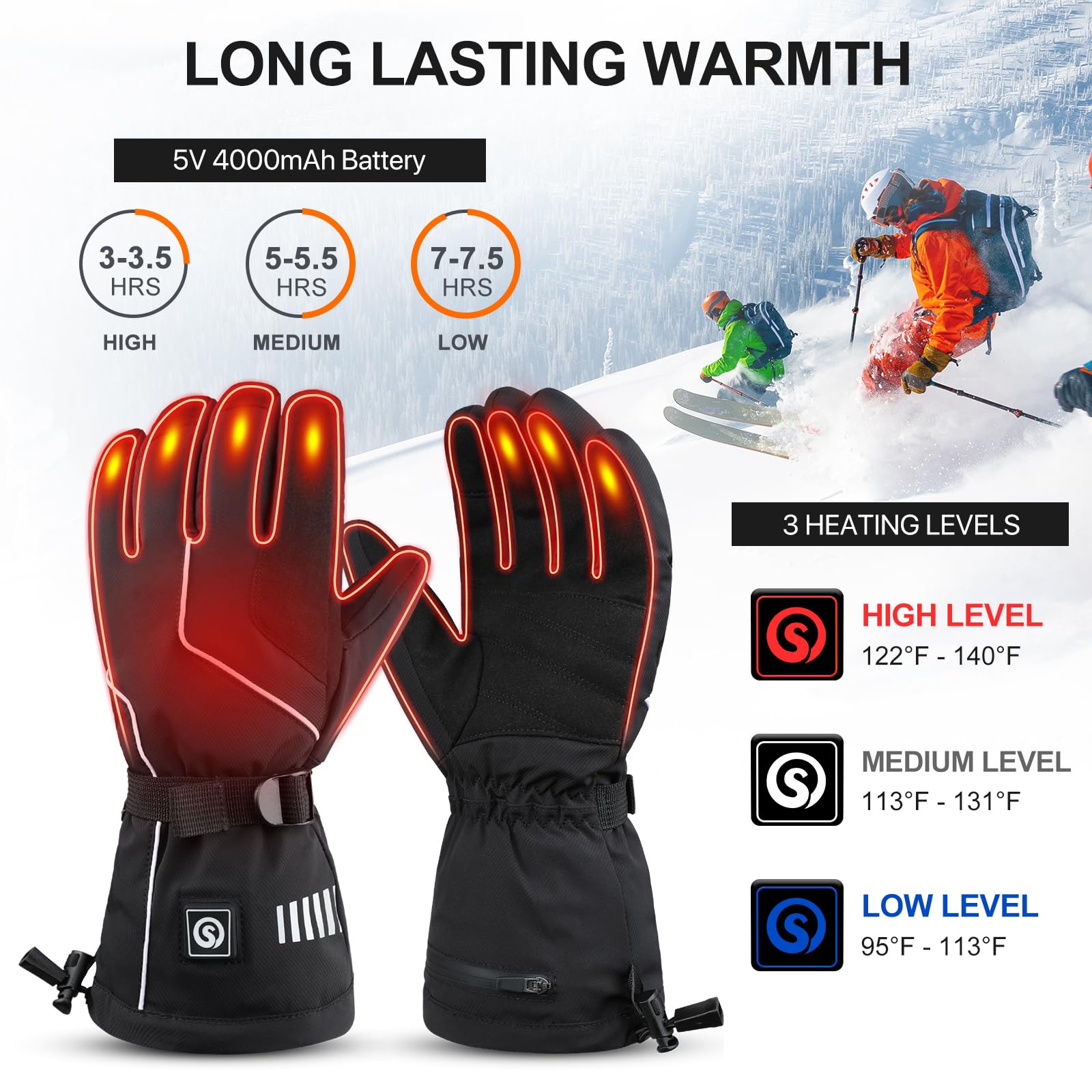 SAVIOR HEAT Beheizte Handschuhe für Herren und Damen, elektrische Handschuhe, 4000 mAh, wiederaufladbare Batterien, Touchscreen, wasserdicht, beheizte Winterhandschuhe für Motorrad, Skifahren, Wandern Sport & Freizeit