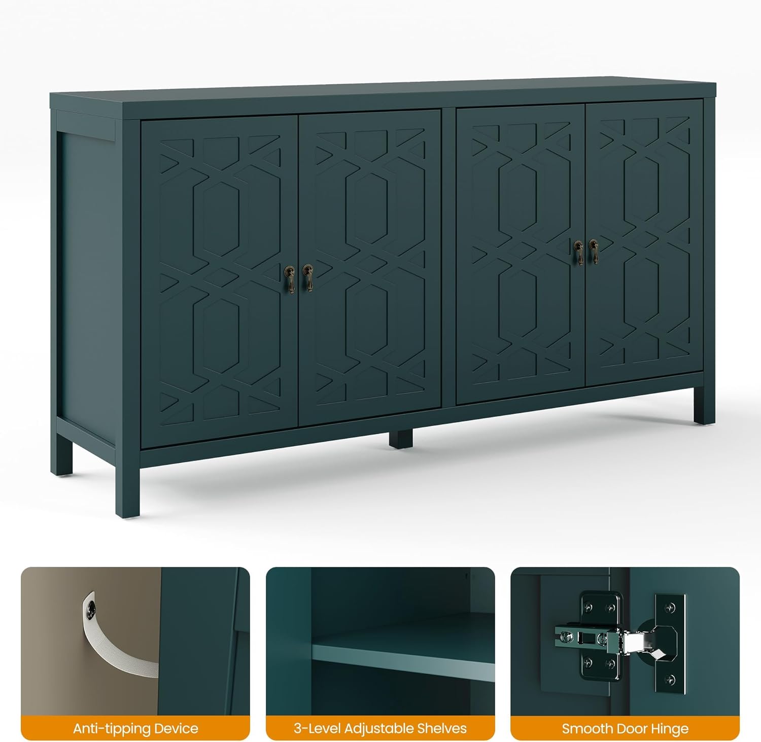 Sideboard Buffet, Mid-Century Sideboard Cabient with Adjustable Shelves, Accent Storage Credenza for Entryway, Living Room, Dining Room, Bedroom, Turquoise