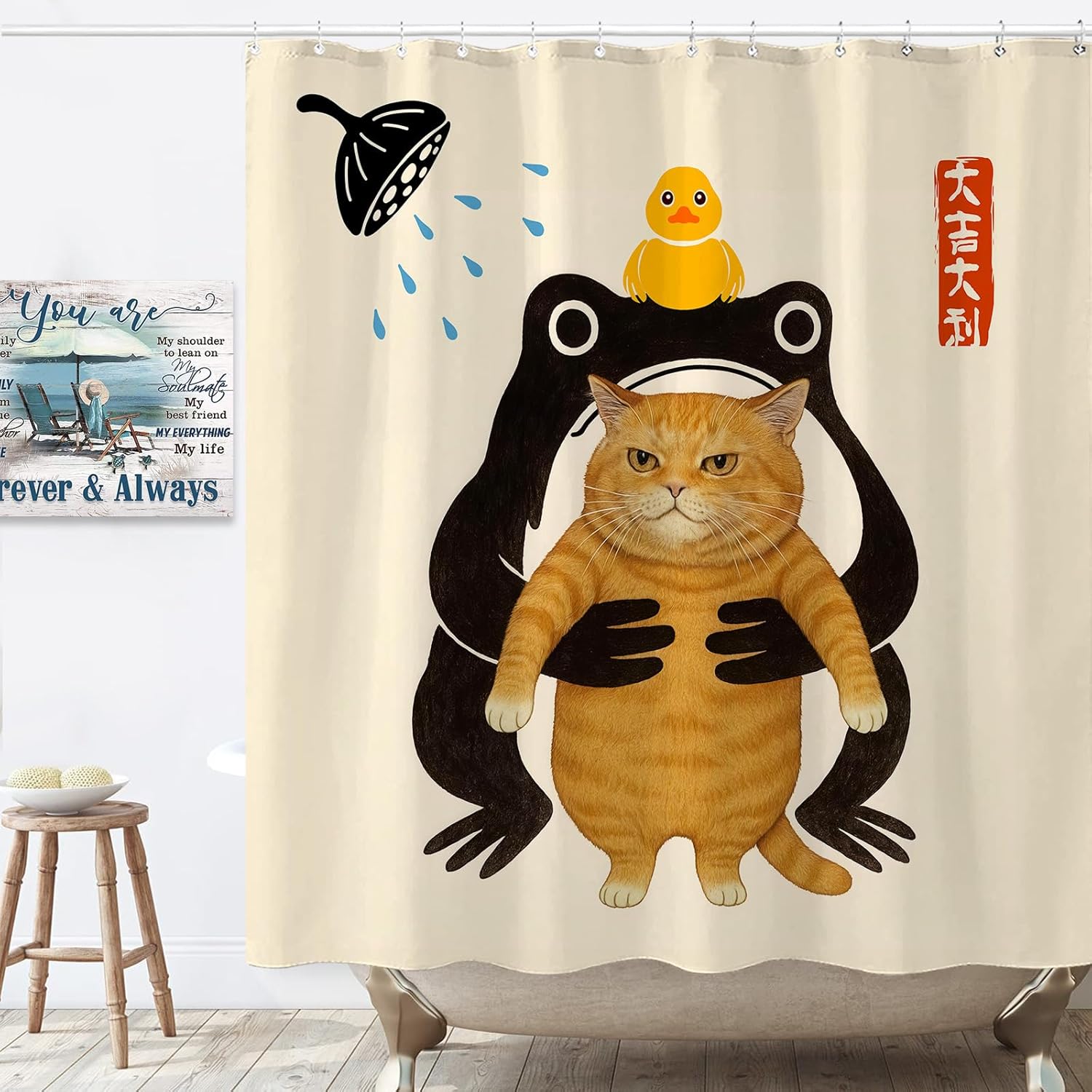 Japanese Cats Shower Curtain Set Artistic Feline Design Waterproof Bathroom Shower Curtain Elegant Animal Print Modern Home Decor 72x72 Inch