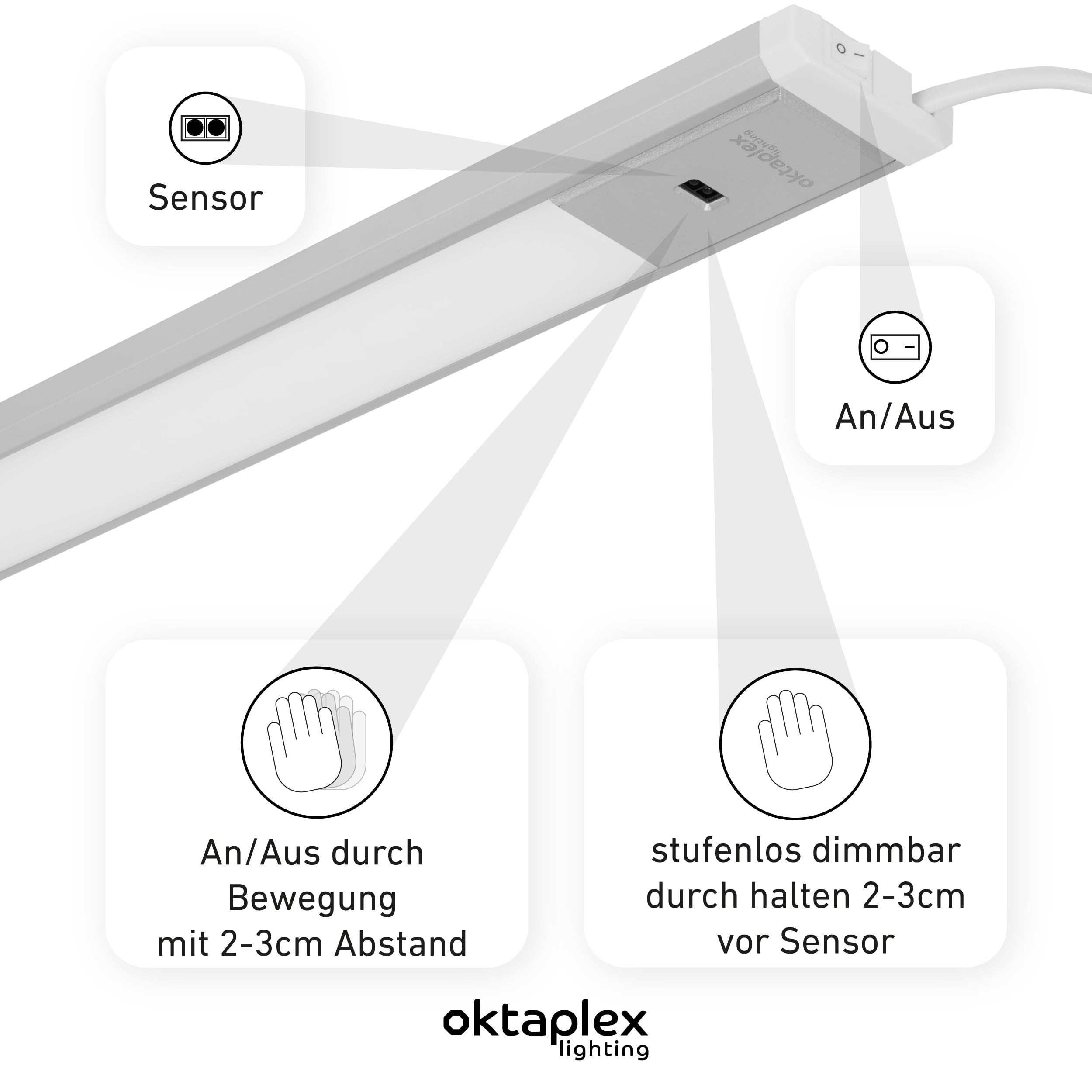 Oktaplex 3er Set Riva LED Unterbaulampe 120cm flach mit Sensor | 700lm Dimmbar Warmweiß 3000K Lichtleiste 10W Küchenbeleuchtung silber