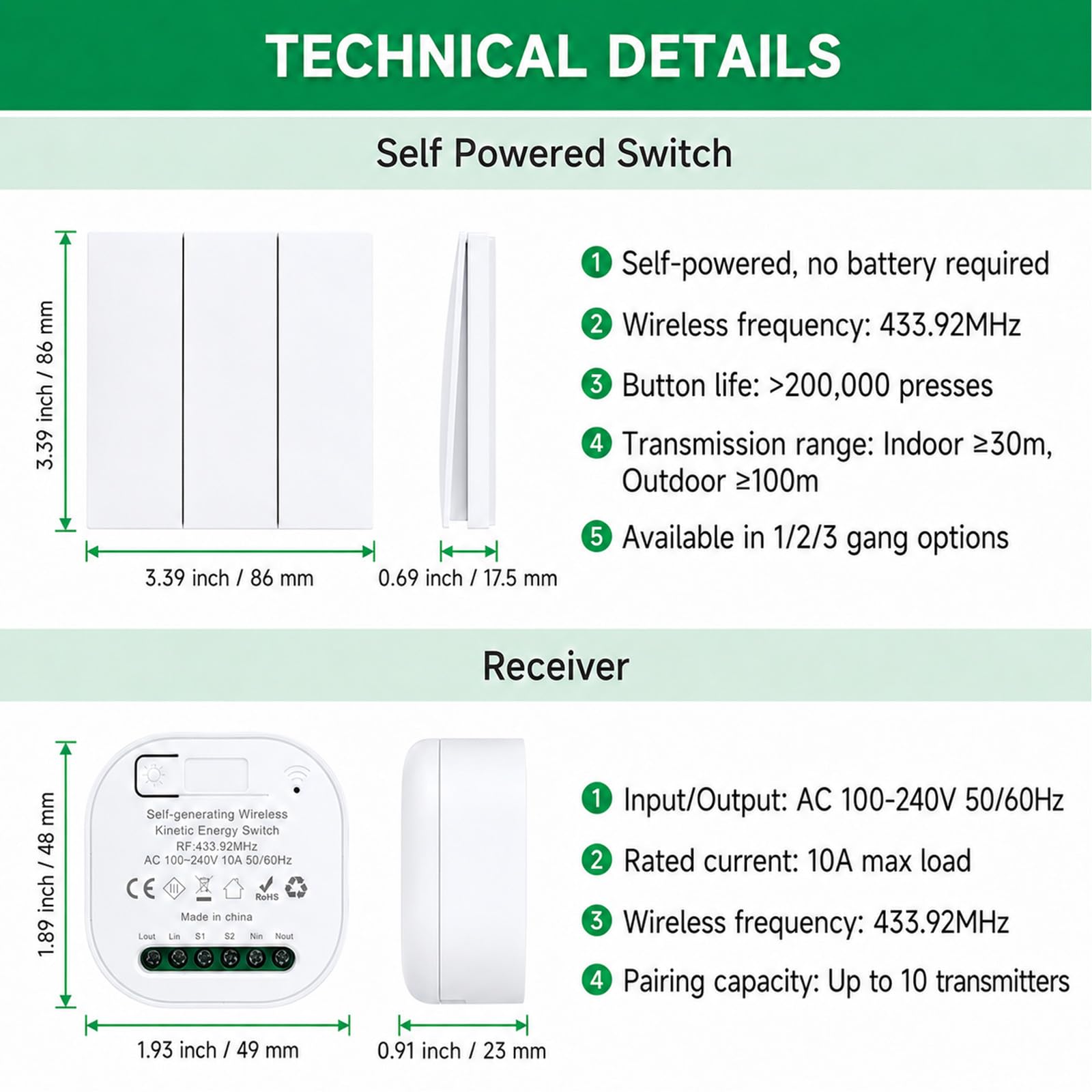 Kinetischer drahtloser Schalter,RF Sicherheit drahtloser Wandschalter und Kleine Controller,selbstbetriebener drahtloser Lichtschalter Kein Schreiben, keine Batterie