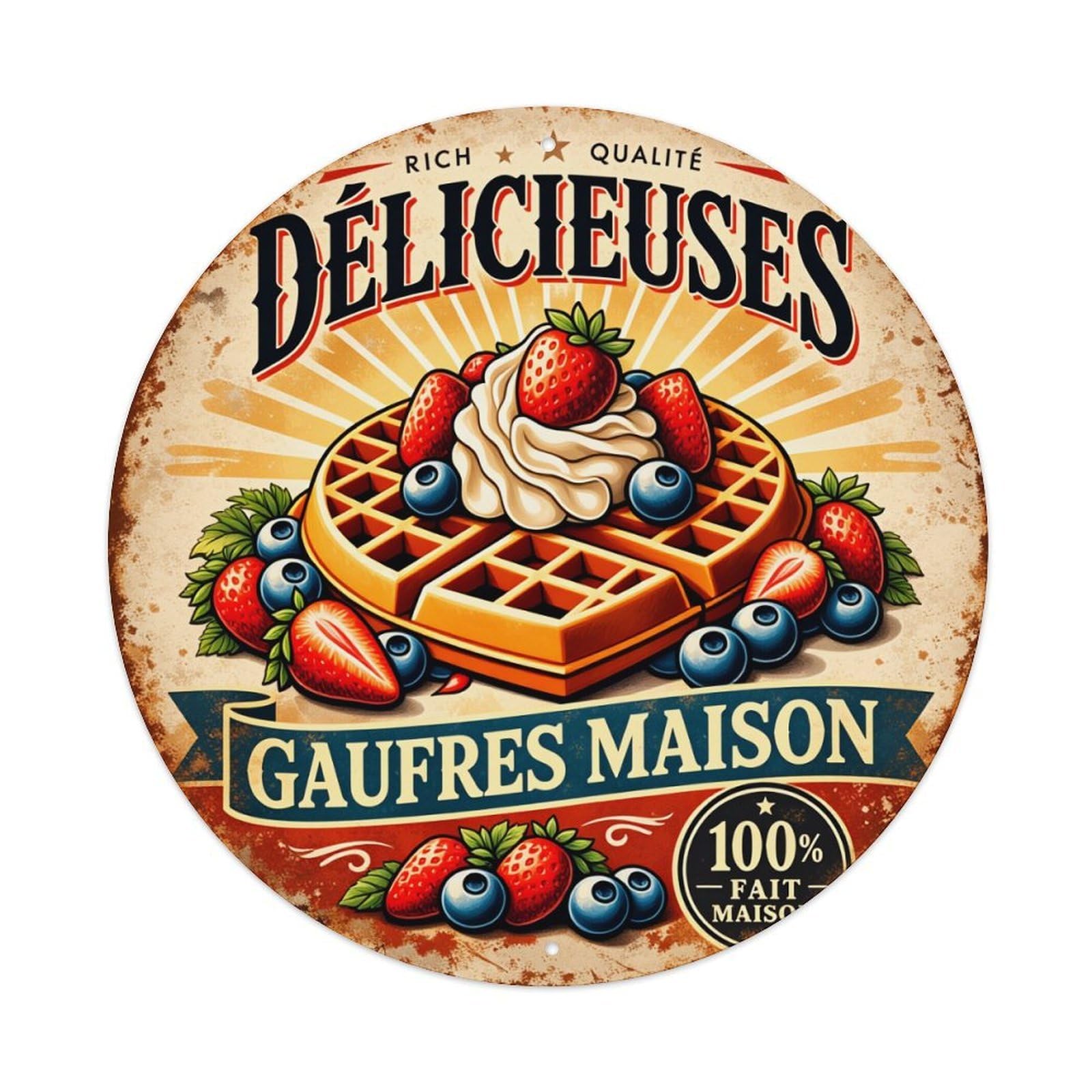 Waffle Berry Cream Strawberry Blueberry Round Tin Sign Retro Metal Sign for Cafe Bar Pub Home Game Room Gym Club Wall Decoration Vintage Metal Poster 8x8 Inch