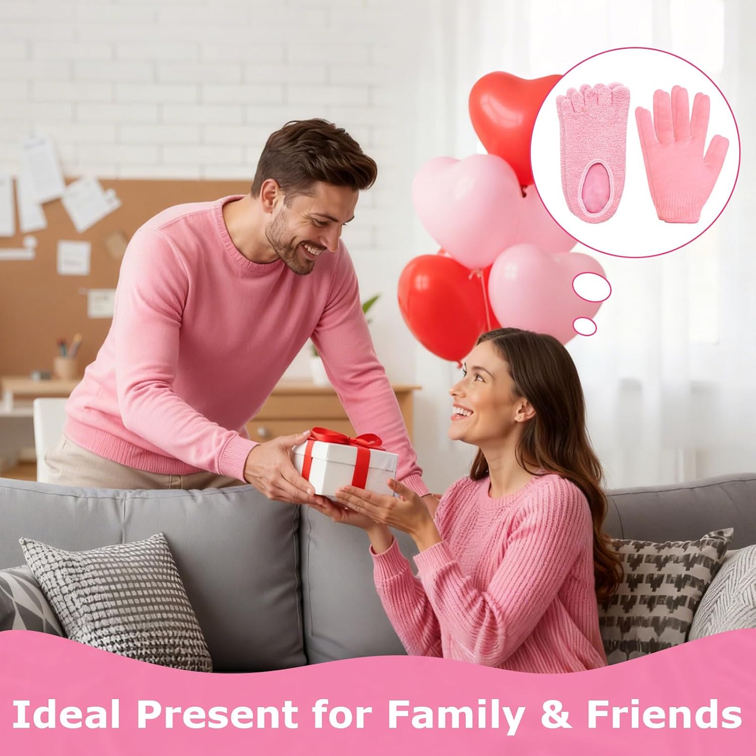 Moisturizing Gel Gloves & Five-Toe Socks Set,Suitable for Dry Cracked Hands and Feet, Softening Rough & Dull Skin（Pink）