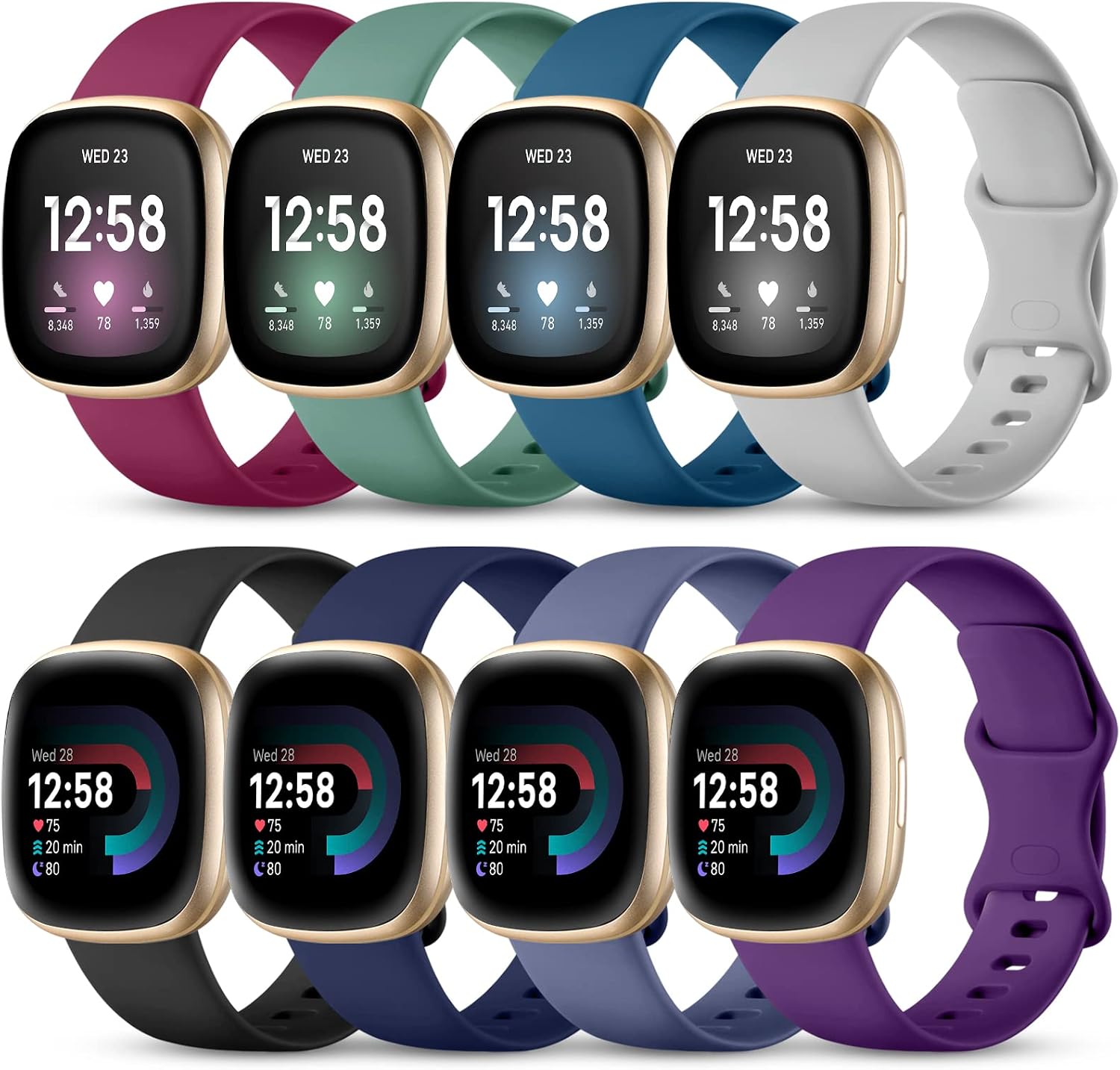Lerobo Band Compatible with Fitbit Sense Bands/Versa 3 Bands/Fitbit Versa 4 Band/Sense 2 Band Women Men, 8 Pack Soft Sport Wristbands Replacement Strap for Fitbit Sense 2 1/Fitbit Versa 3 4, Small