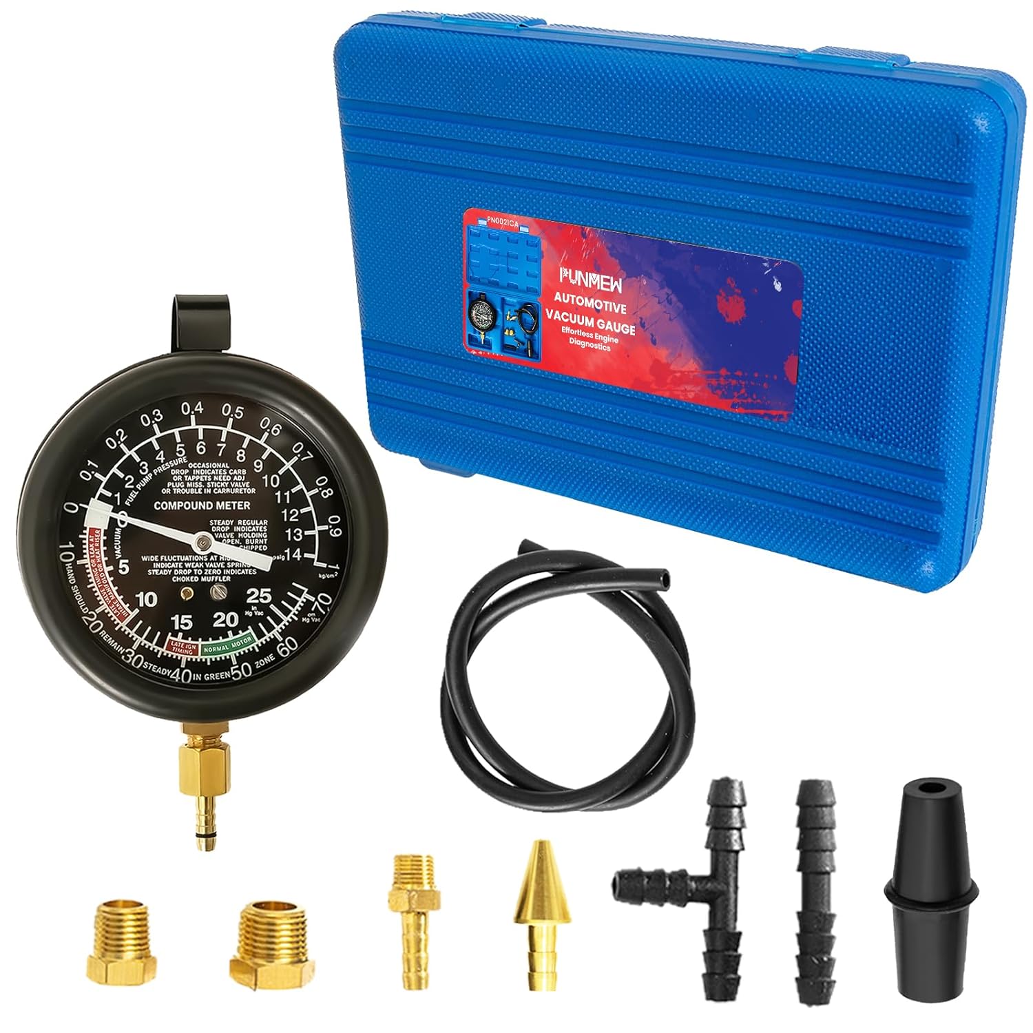 Punmew Vacuum Gauge Fuel Pump Tester Kit - 0-14 PSI Pressure & 0-28 inHg Vacuum Diagnostic Tool for Carburetors