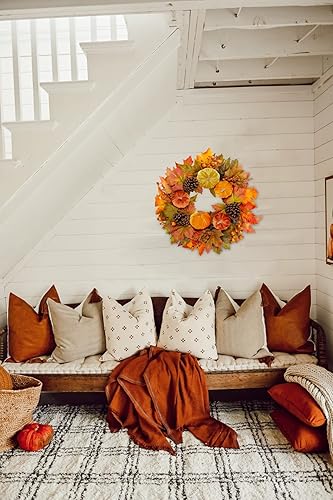 Miniatura 6 de Decoración de otoño de 20 pulgadas, coronas de otoño para puerta delantera, gran valvet, corona de calabaza con gancho de metal, hojas de arce