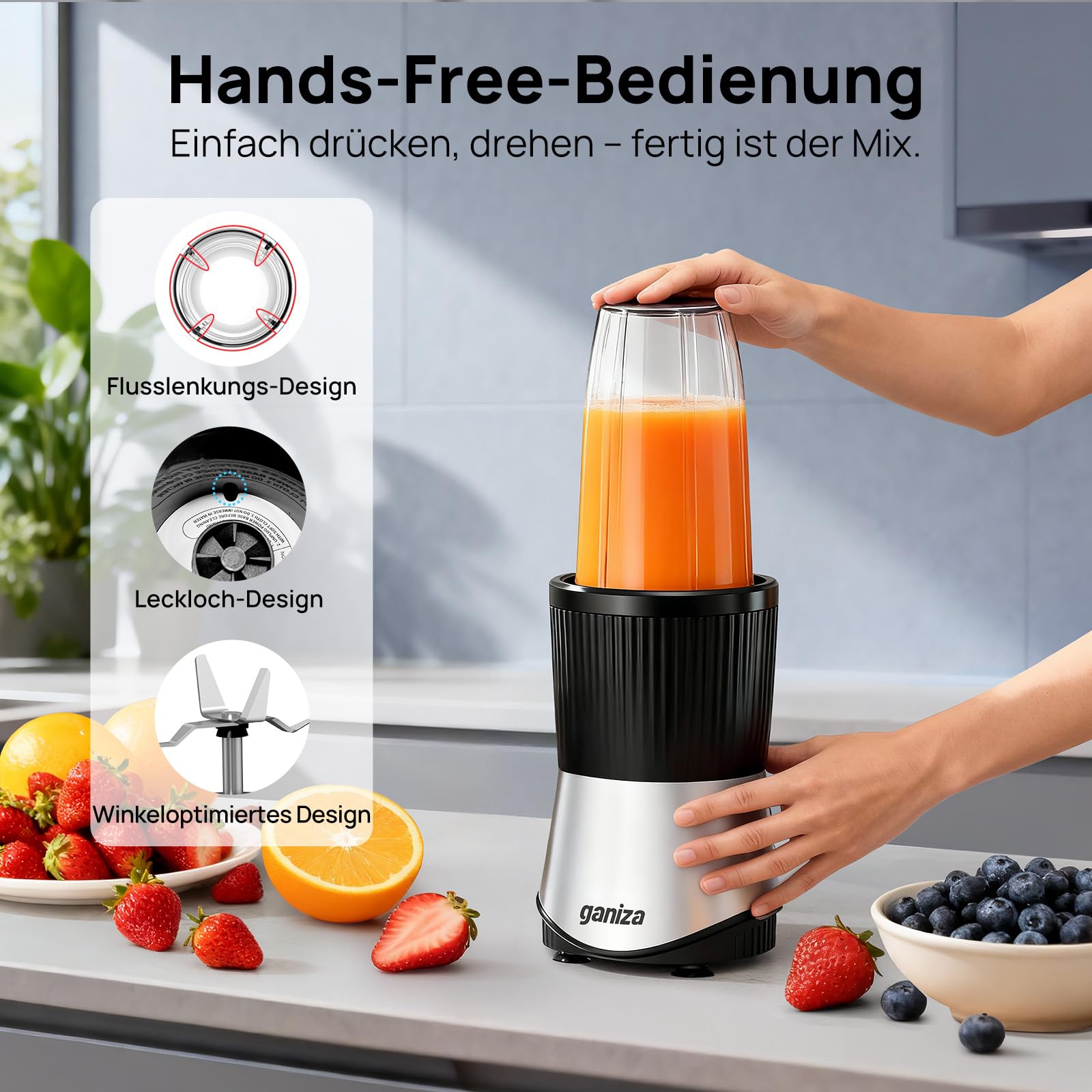 Ganiza Smoothie Maker, 900W Mini Standmixer, Mixer mit 25.000 U/min, 3 Tritan-To-Go-Bechern(300ml&500ml&700ml), 4 asymmetrischen Klingen, für Jede Art von Shake und Smoothie, Silber/Schwarz