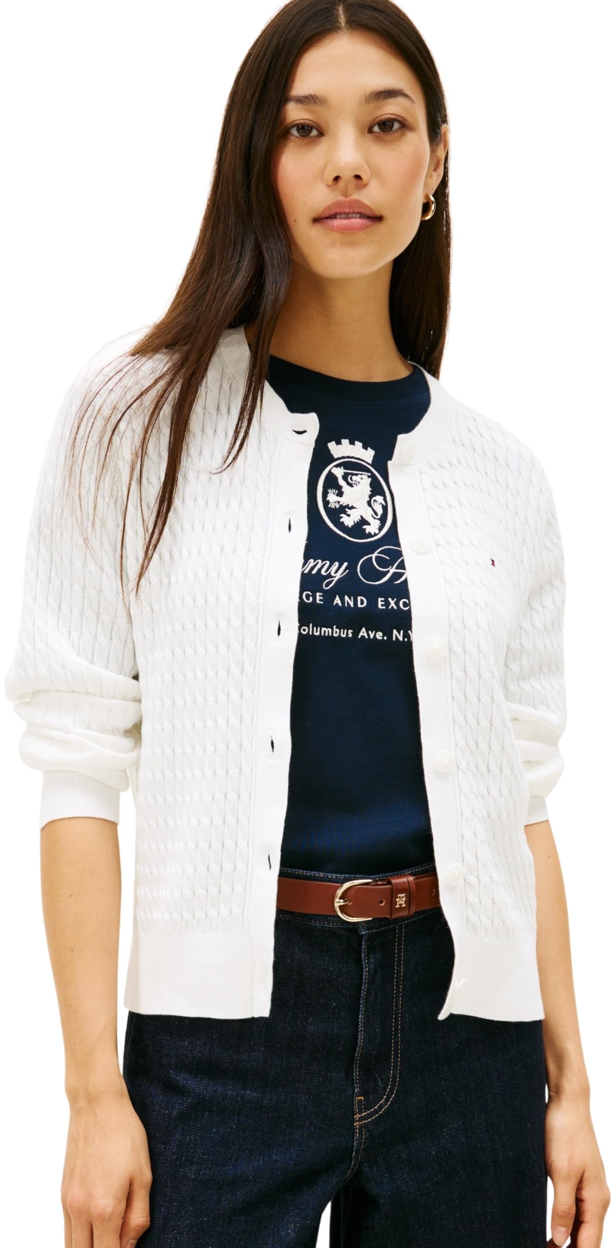 Tommy Hilfiger Damen Strickjacke Cardigan Zopfmuster, Weiß (Ecru), M