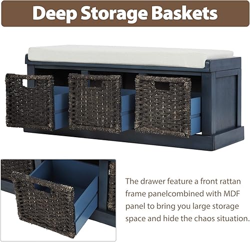 Miniatura 10 de Merax Banco de almacenamiento de entrada con 3 cestas extraíbles, banco de zapatos, banco de almacenamiento totalmente montado con cojín extraíble