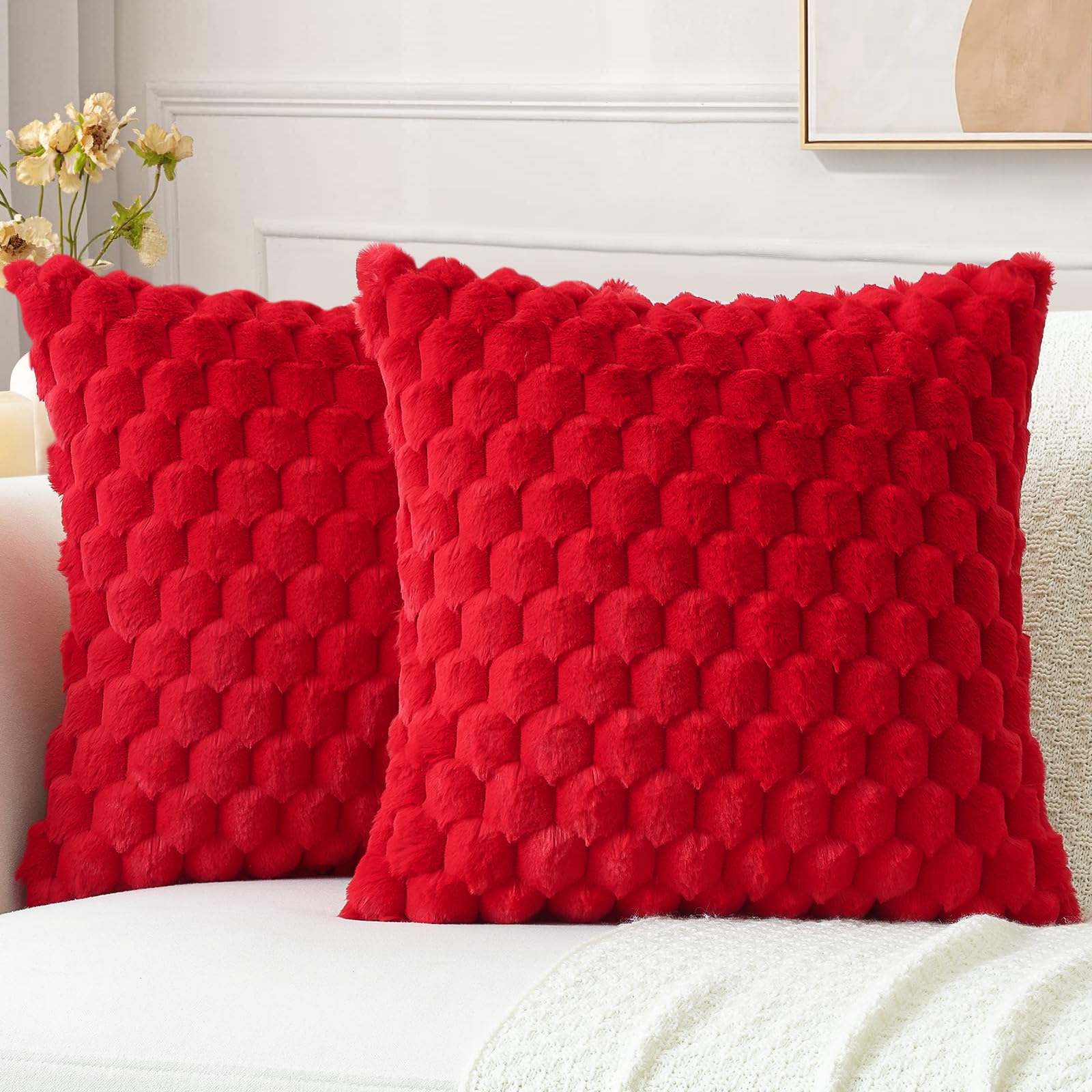 Sungeek Set of 2 Red Fluffy Faux Fur Cushion Covers 60x60 cm, Soft Cozy Plush Velvet Decorative Throw Pillow Covers 24x24 Inch Square Pillowcases for Sofa Couch Bed Living Room — image 1