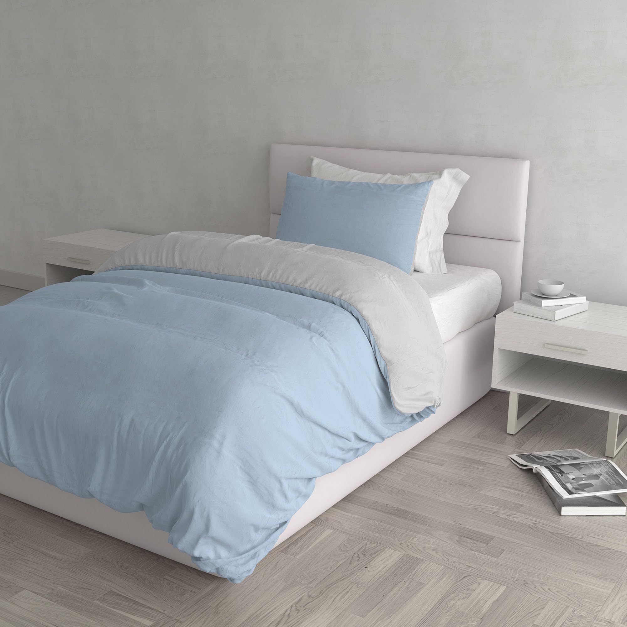 Set Copripiumino 100% Cotone Natural Color, Made in Italy - Parure Copri Piumino - Sacco Piumone 200x200 cm con Doppia Patella e Federa Cuscino, Piazza e Mezza, Azzurro/Grigio Chiaro