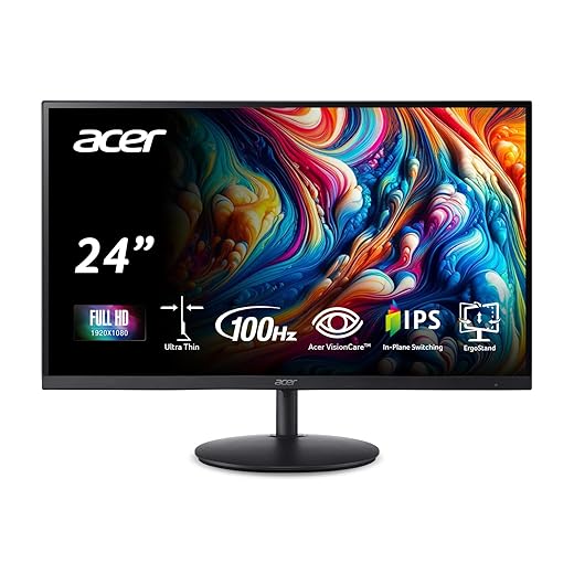 Acer SH242Y Ebmihx 23.8" FHD 1920x1080 Home Office Ultra-Thin IPS Computer Monitor AMD FreeSync 100Hz Zero Frame Height/Swivel/Tilt Adjustable Stand Built-in Speakers HDMI 1.4 & VGA Port
