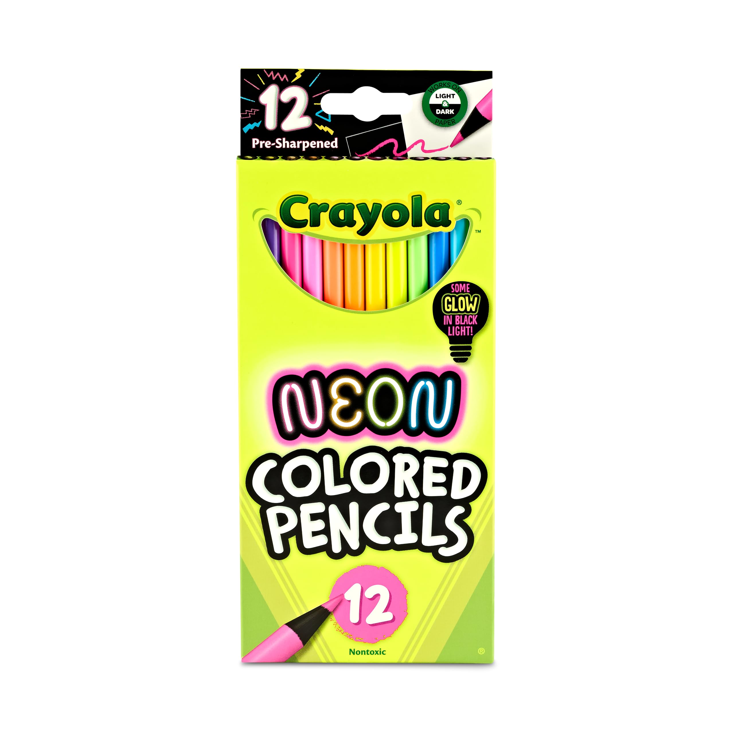 Crayola Set di matite colorate al neon (12 ct), matite colorate fosforescenti per bambini, pre-temperate, regalo per bambini, dai 3 anni in su