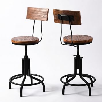 Topower Set of 2 Vintage Industrial Bar Stools, Adjustable Height Solid Wood Counter Stool with Backrest, Heavy Duty Metal Frame Round Bar Chairs for Home Bar Dining Cafe Workshop