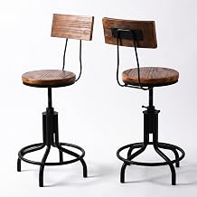 Topower American Industrial Antique Design Adjustable Height Kitchen Dining Breakfast Chairs Metal Bar Stool with Backrest Fully Welded Set of 2 Wood Top