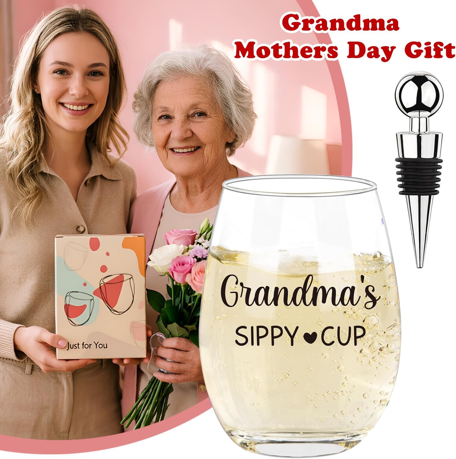 Grandma'S Sippy Cup 16oz Stemless Wine Glass With Metal Wine Bottle Stopper, Mothers Day Gifts For Grandma, Nana, Grandma Mothers Day Gifts From Grandkids, Grandson, Granddaughter, Funny Wine Glasses