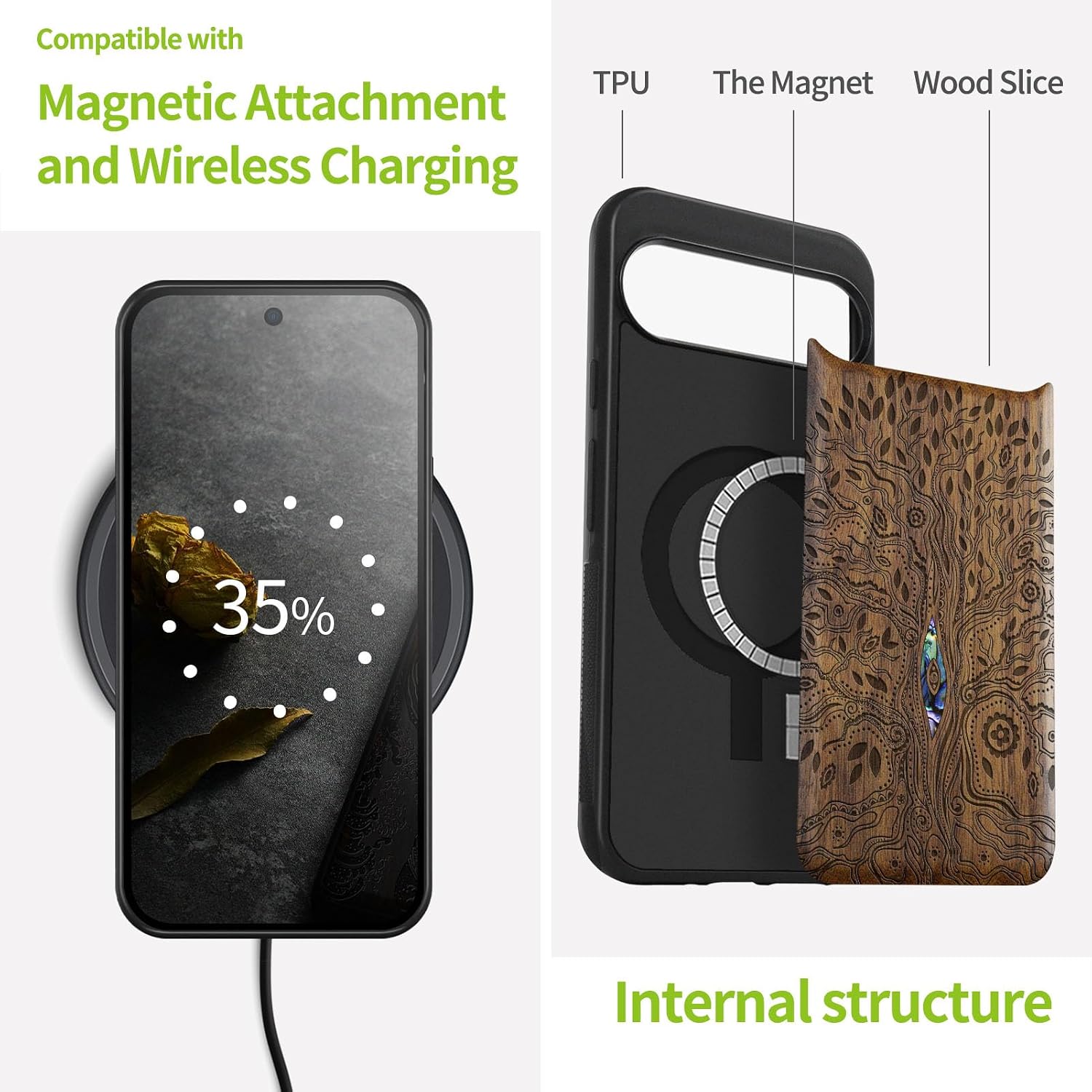 Carveit Magnetic Wooden Case for Google Pixel 9 Case, Wood Artisan Engraved & Handmade Shell Inlaid, Compatible with MagSafe Wireless Chargers, Tree of Life - Walnut