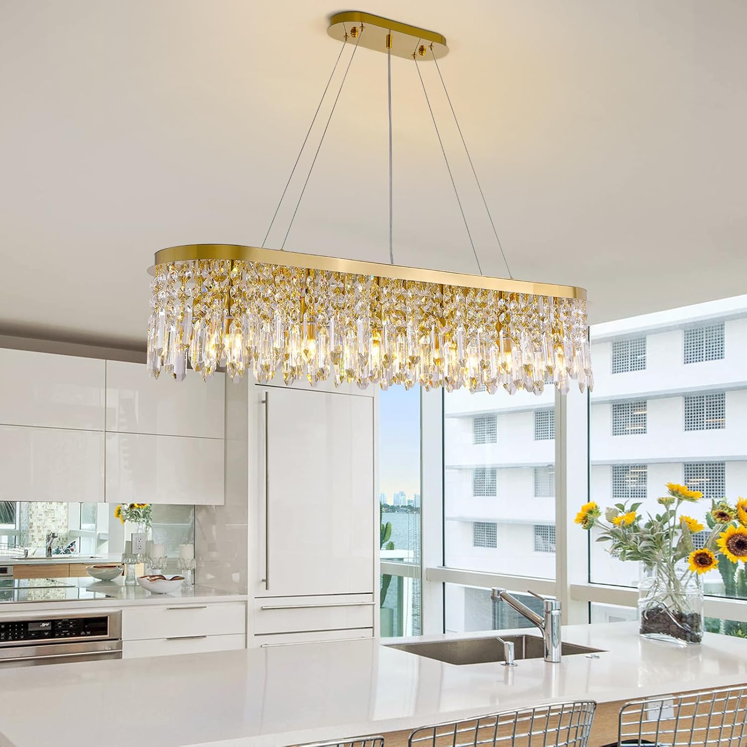 CROSSIO Modern Gold Oval Crystal Chandelier, 12-Light Luxury 2-Tiers Raindrop Chandelier Pendant Lighting Adjustable Flush Mount Ceiling Light for Dining Living Room Kitchen Island L47''
