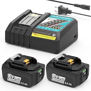 2Pack 18v 5.0Ah Battery and Charger Combo Replace for Makita 18V Battery Lithium Ion BL1850B BL1860B, Compatible with Original 18V Cordless Power Tool