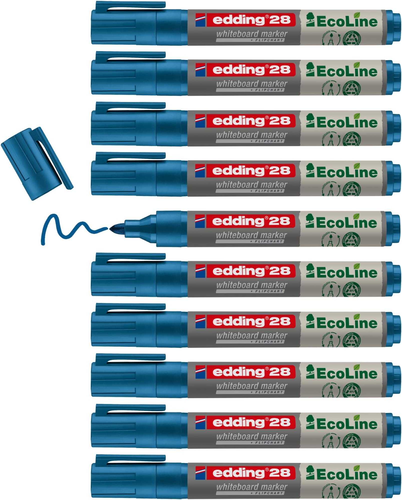 28 Ecoline whiteboard marker - blue - box of 10 whiteboard pens - round tip 1.5-3 mm - whiteboard pen dry wipe - for whiteboards, flipcharts, pinboards, memo boards - sketchnotes - refillable