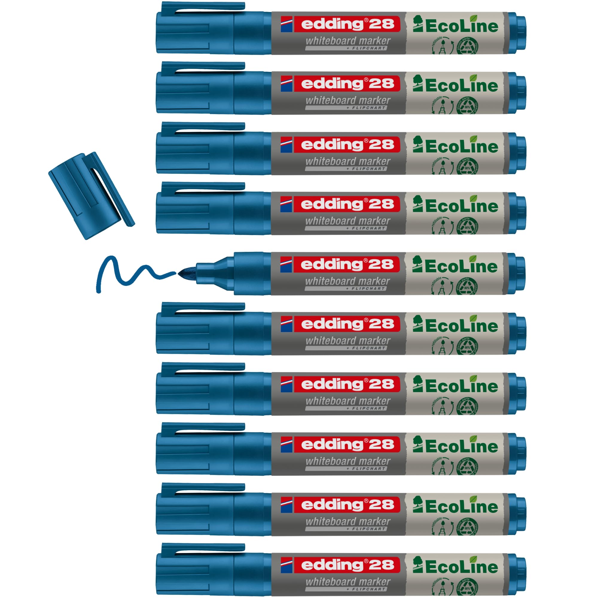 edding 28 Ecoline whiteboard marker - blue - box of 10 whiteboard pens - round tip 1.5-3 mm - whiteboard pen dry wipe - for whiteboards, flipcharts, pinboards, memo boards - sketchnotes - refillable