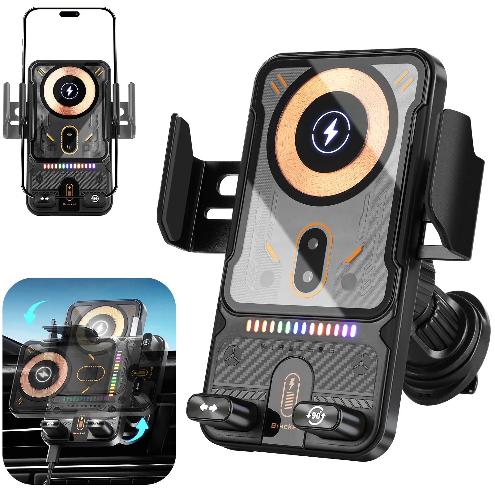 Supporto per telefono da auto con caricabatterie wireless da auto da 15 W, staffa di montaggio per bocchetta dell'aria con apertura e chiusura a induzione, supporto per telefono con regolazione della