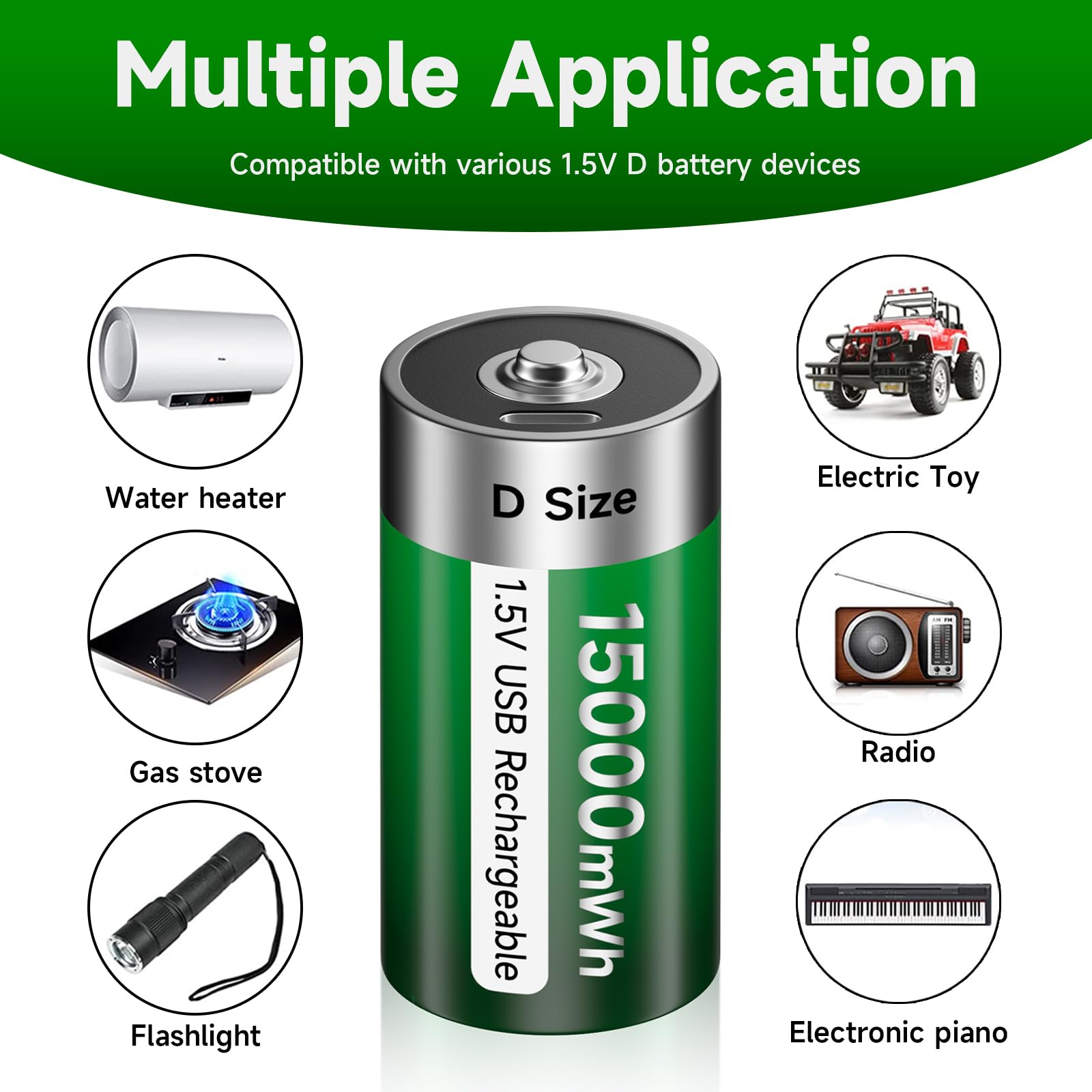 Batería USB D recargable de litio/15000 mWh – 1,5 V Mono D celdas pilas recargables Baterías Carga rápida en 4 horas con cable de carga tipo C, protección contra sobrecarga (6 unidades)
