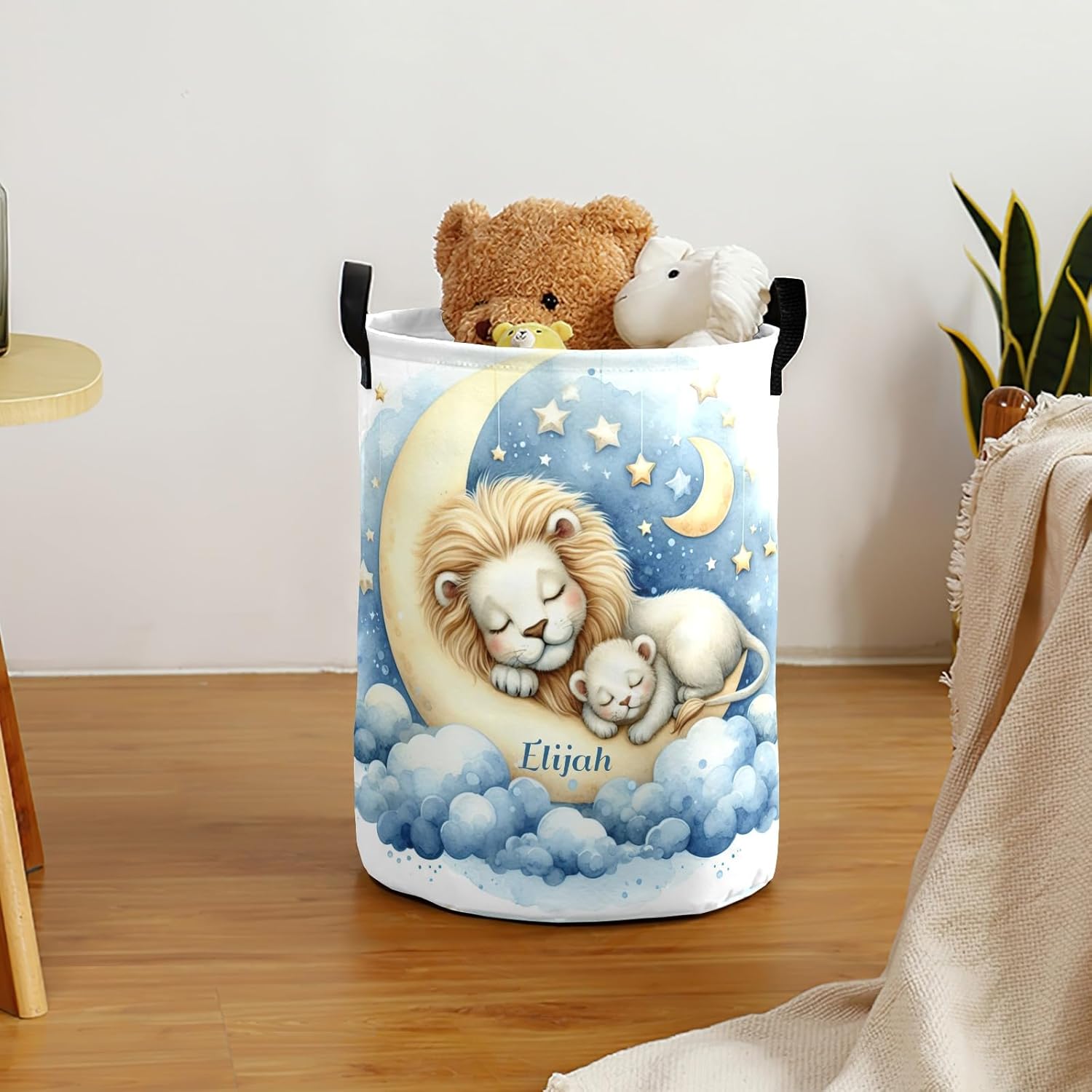 Lion Blue Safari Animal Moon Laundry Hamper, Personalized Name Waterproof Laundry Basket with Name, Customized Clothes Storage Organizer Gift for Boys Girls Room, Bedroom, Bathroom