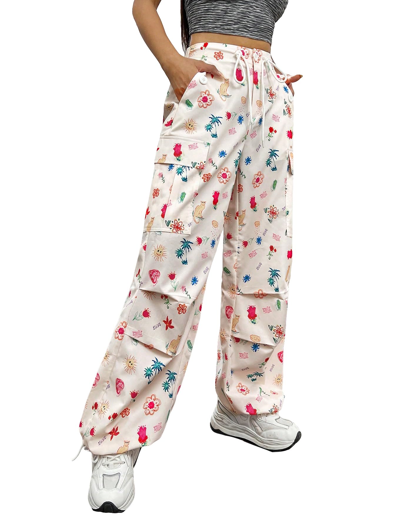 WDIRARA Womens All Over Graphic Printed Cargo Flap Pocket Side Drawstring High Waist Casual Pants