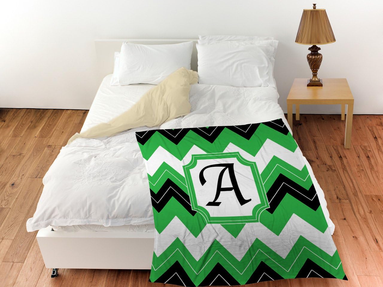 Manual Woodworkers & Weavers Coral Fleece Throw, 50 by 60-Inch, Monogrammed Letter A, Black Chevron
