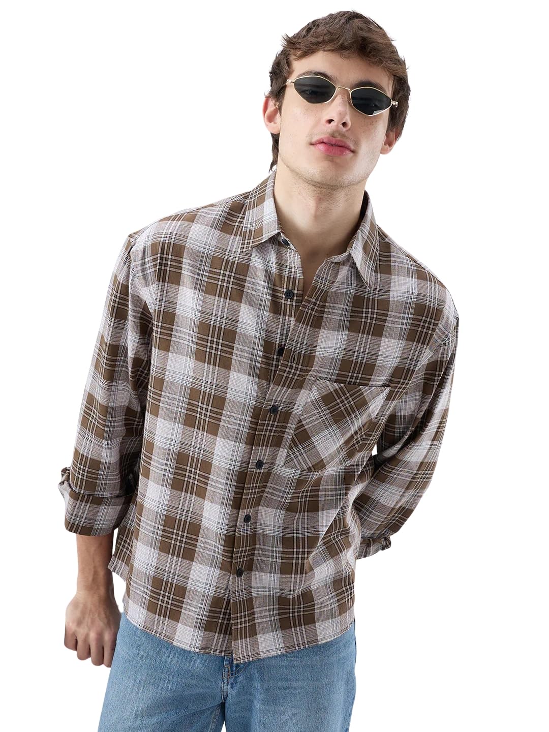 VASTRADO Deep Brown Plaid Crop Shirt - Image 1