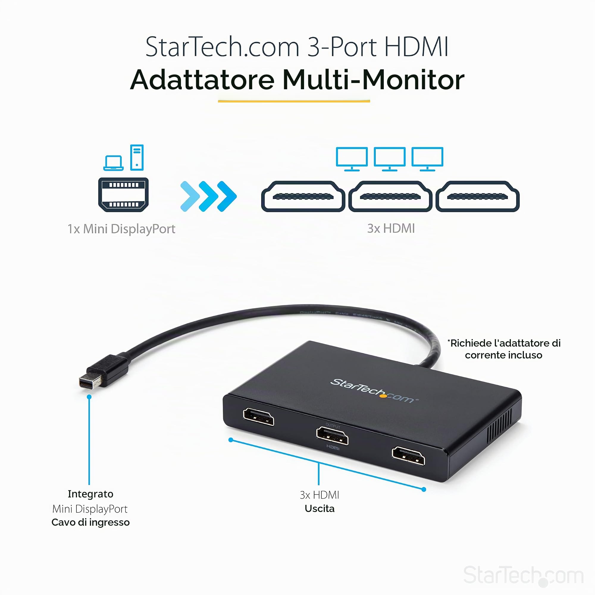 StarTech.com Adattatore multi monitor a 3 porte, Hub MST Mini DisplayPort a HDMI, Triplo 1080p o doppio 4K 30Hz, Video splitter in modalità desktop esteso solo su Windows, mDP 1.2 a 3x HDMI, MSTMDP123HD | Splitter Video, Doppio 4K 30Hz, mDP 1.2