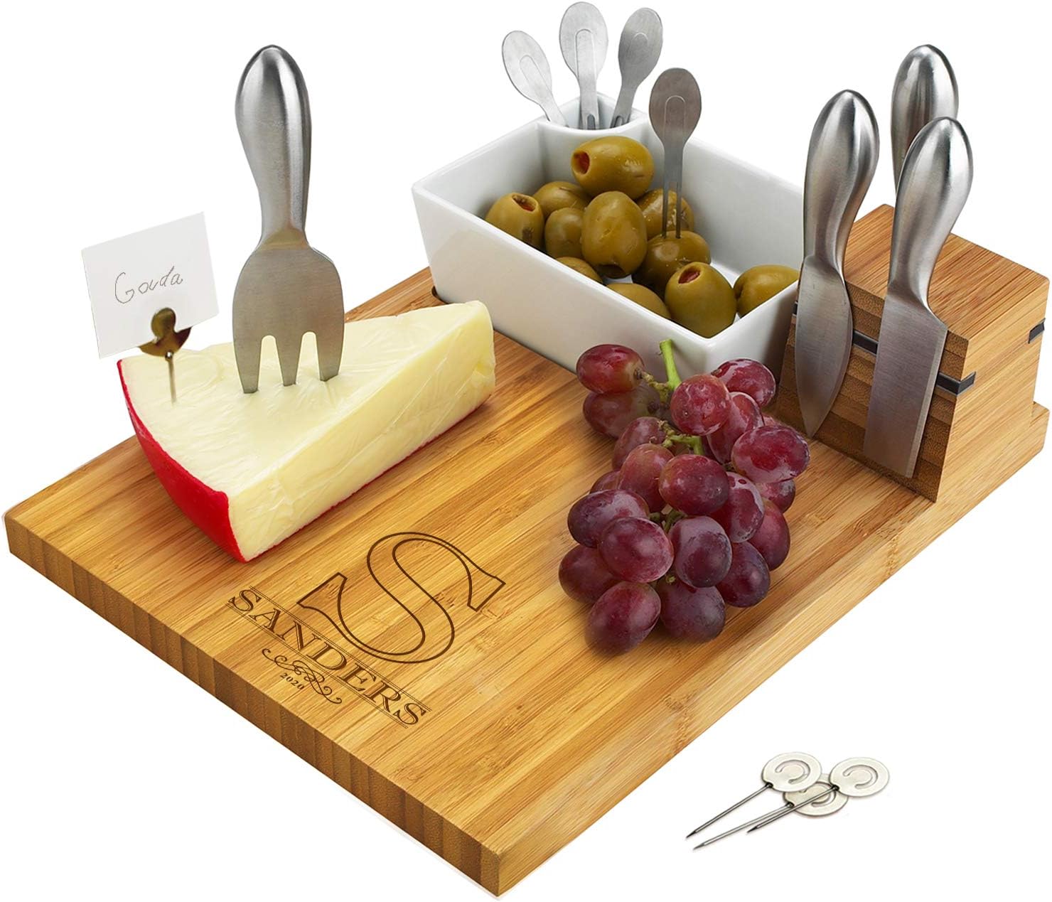 Custom Personalized Engraved Bamboo Cutting Board for Cheese & Charcuterie with Ceramic Dish, Knife Set, Cocktail Sticks & Cheese Markers -by Picnic at Ascot USA