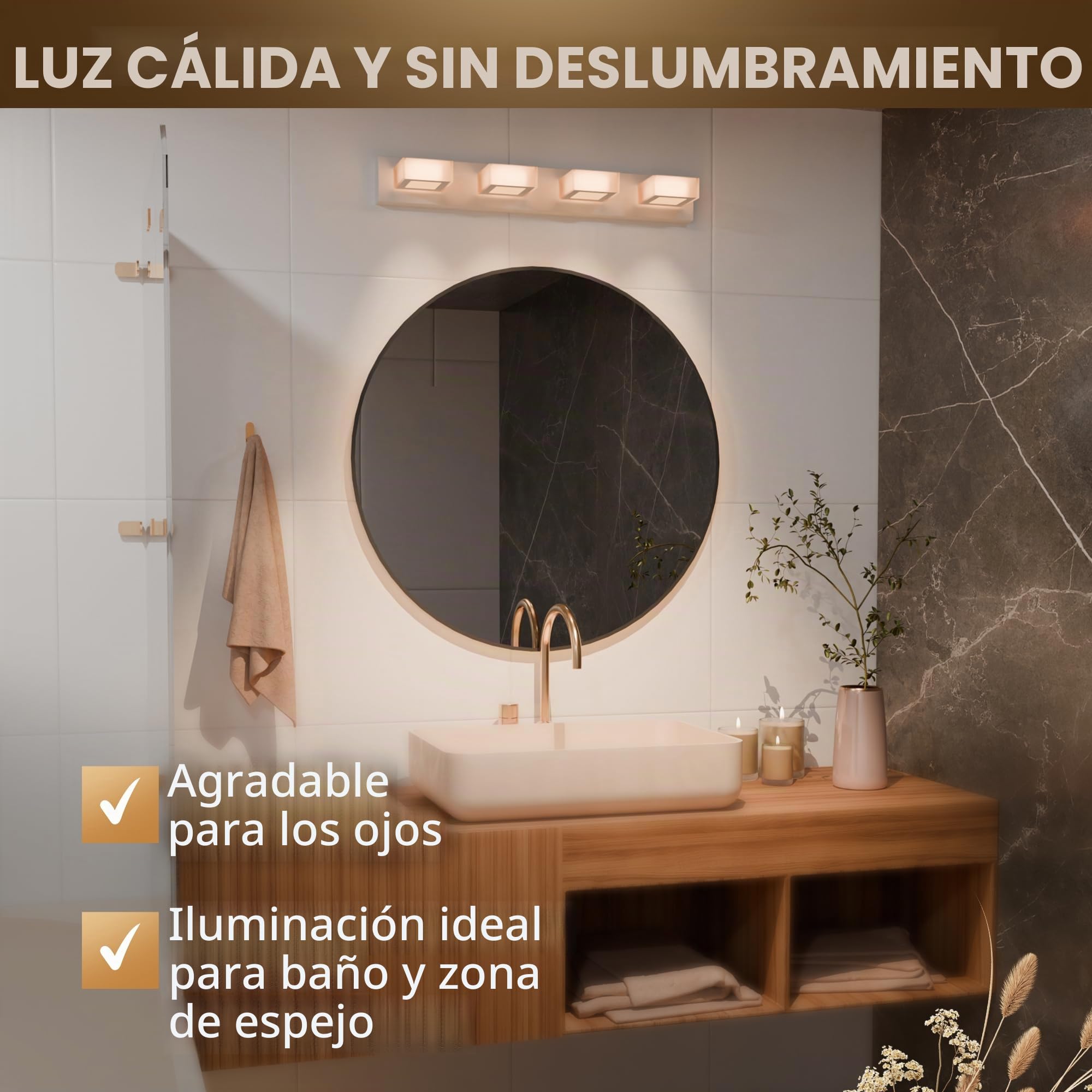 luz baño para espejo - aplique espejo baño Mirror Light, 60 cm, blanca, luz baño pared LED para baño, aplique baño, lampara pared para interiores, lámpara con luz cálida, 2700 Kelvin