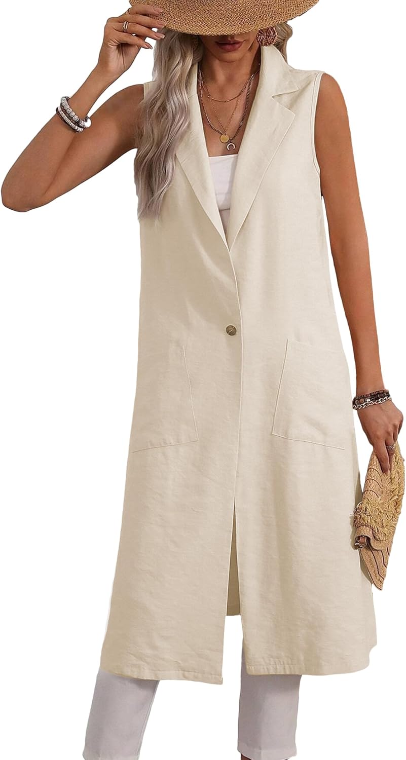 Mina Self 2025 Summer Sleeveless Long Linen Blazers Jacket Women Lightweight Fashion Casual Work Outerwear with Pockets - Image 4