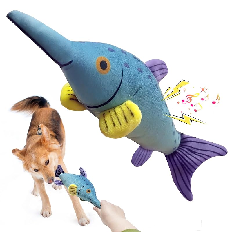 Brinquedo de Pelúcia com Apito para Cães Fuufome, Formato de Peixe, Azul-claro, Tamanho Médio