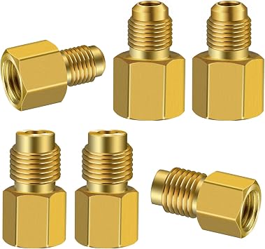 6 Pieces 6015 R134A Brass Refrigerant Tank Adapter to R12 Fitting Adapter 1/2 Female to 1/4 Male Flare Adaptor Valve Core and 6014 Vacuum Pump 1/4 Inch Flare Female to 1/2 Inch Male