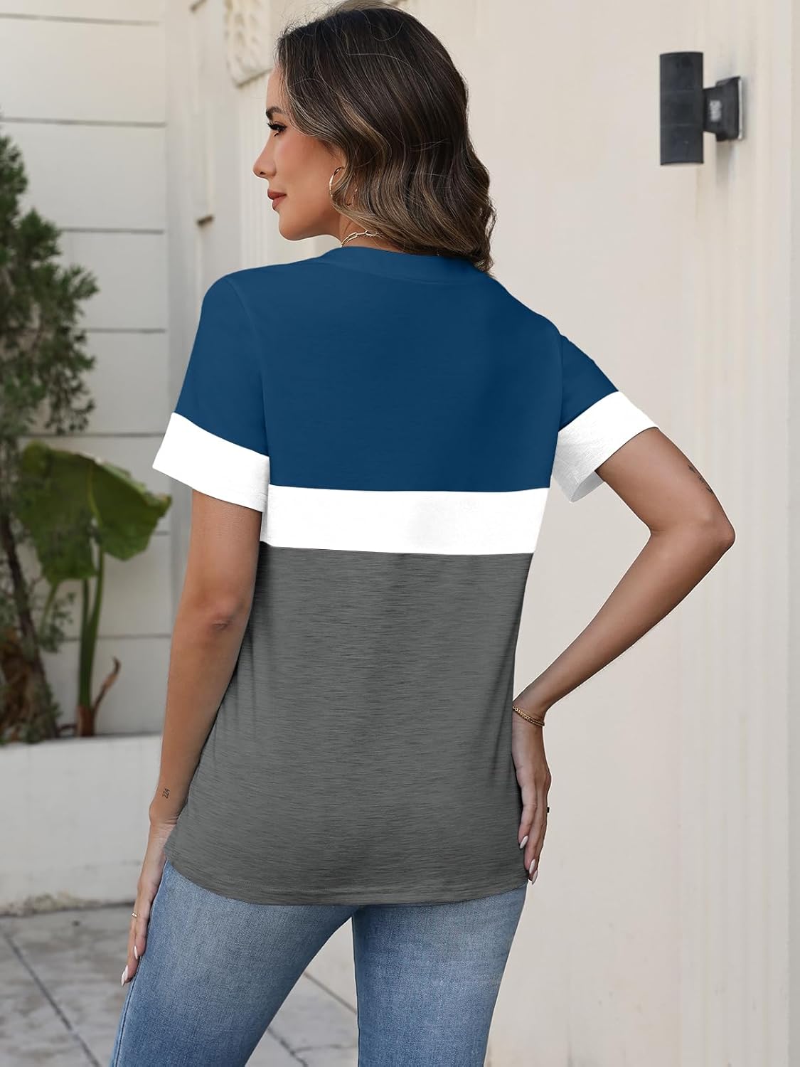 Women's V Neck Short Sleeve Shirts Casual Color Block Tops Summer Basic Tees Fashion Clothes Outfits - Image 4