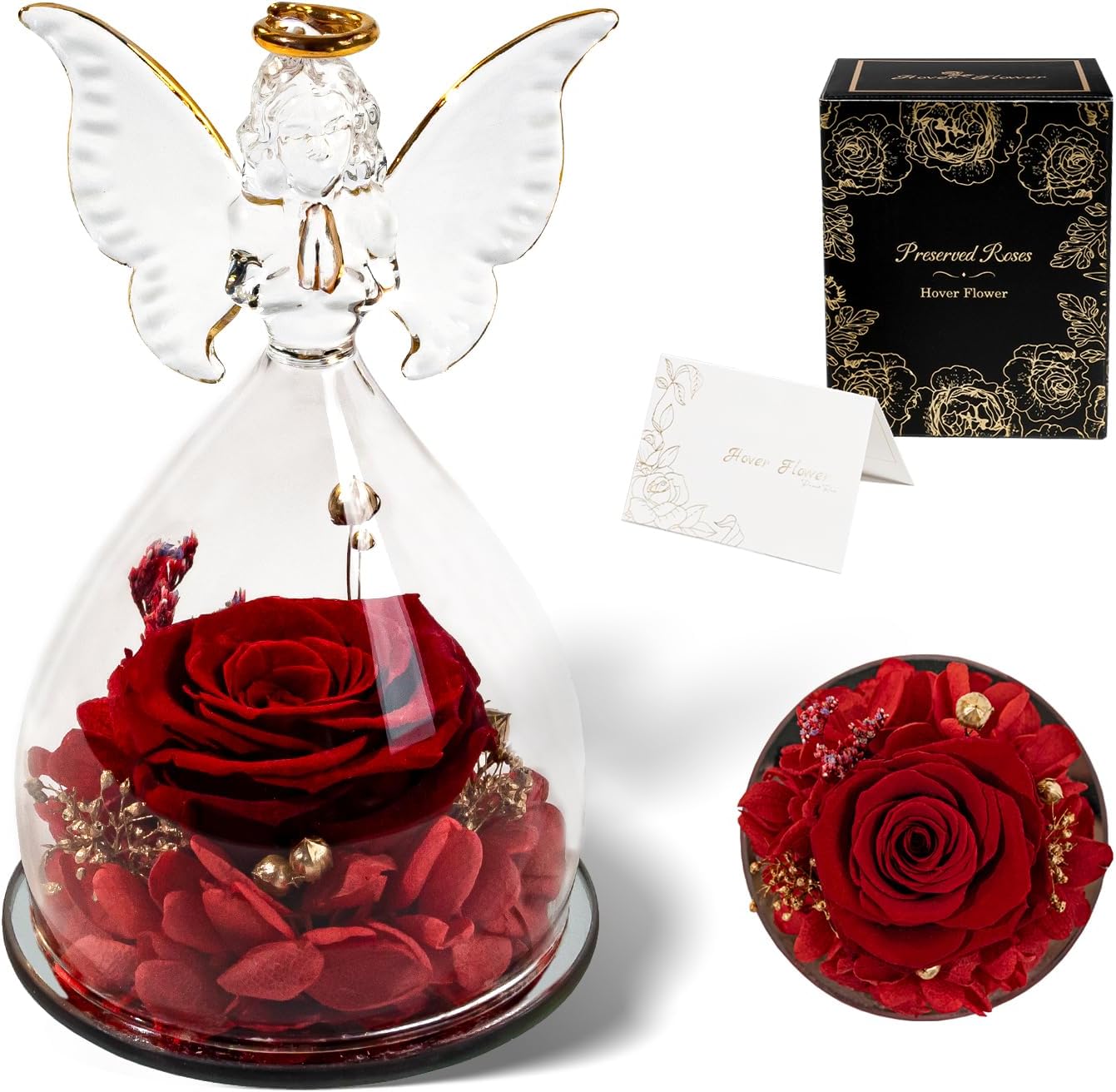 Forever Preserved Flowers Roses in Glass Angel Figurines, Flowers for Delivery Prime, for Her Women Mom Grandma (Medium Size - Red)
