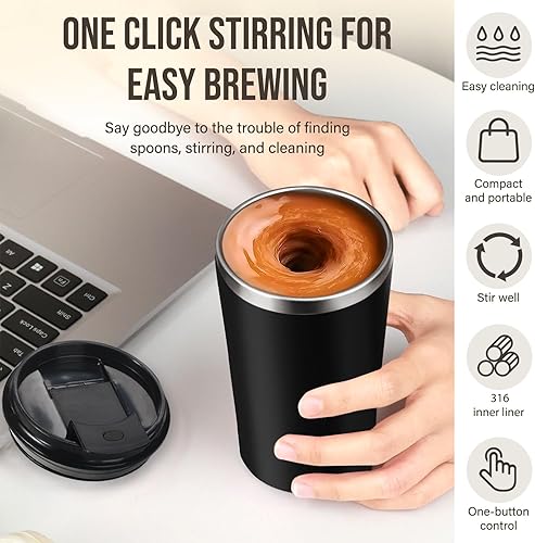 Miniatura 2 de Taza de café eléctrica, taza mezcladora automática de acero inoxidable de 13.5 fl oz, adecuada para café, leche, cacao y otras bebidas (negro)