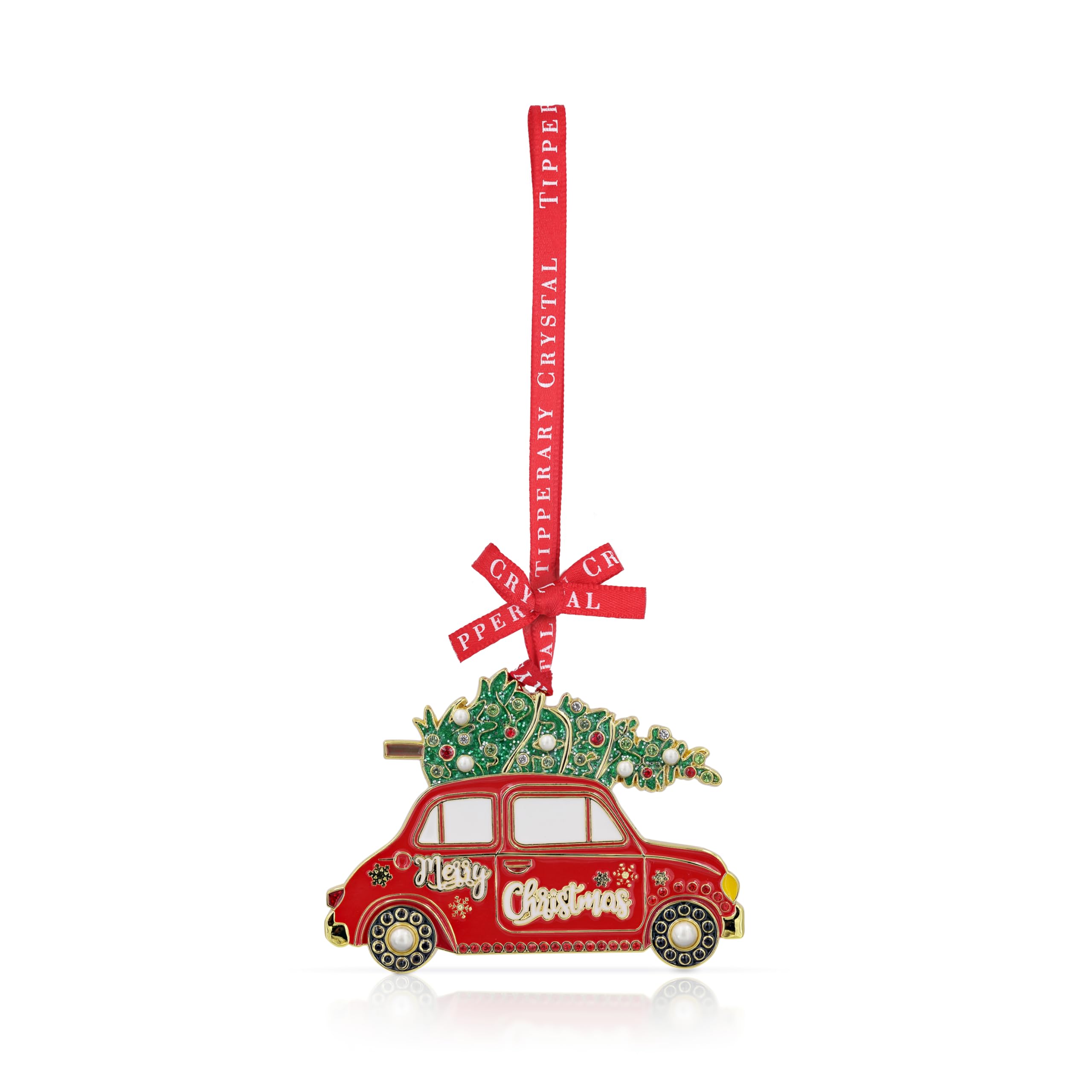 Tipperary Crystal Sparkling Christmas Car Ornament with Tree – Festive Red Holiday Decoration