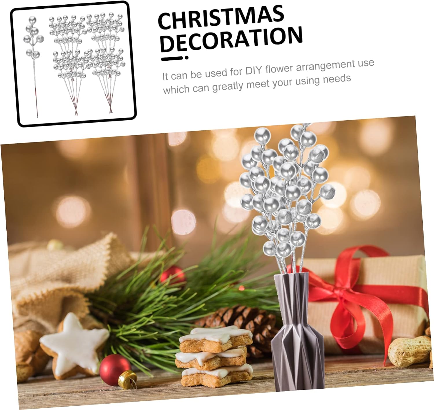 Unomor 60pcs Artificial Berry Stems Silver Glitter Berries Picks for Christmas Decorations Floral Arrangements and Holiday Crafting