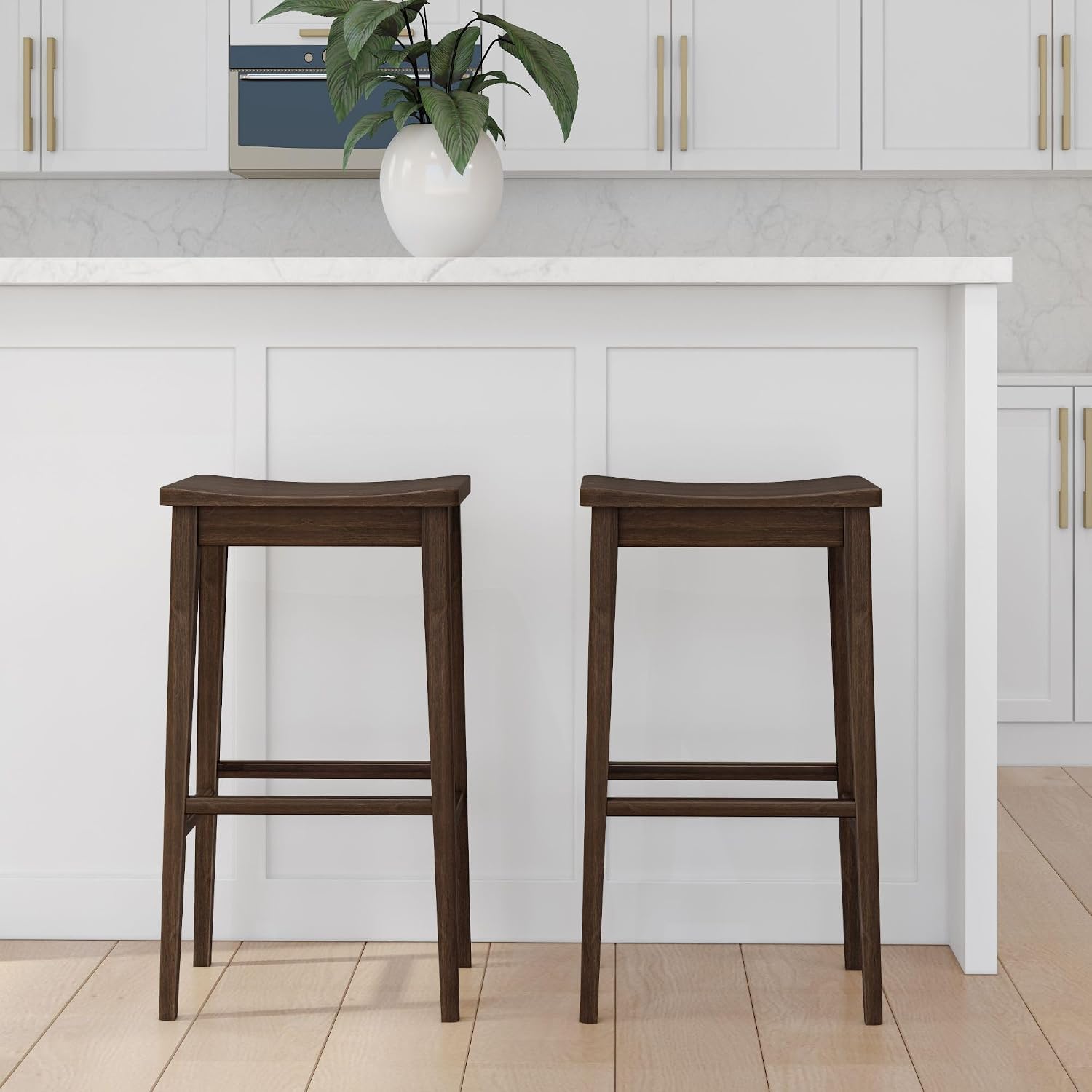 Plank+Beam Smythe Bar Stool, 30", Set of 4, Sturdy Wood Modern Kitchen Bar Height Stool, Saddle Seat Backless Bar Chair, Metal Footrest, Walnut